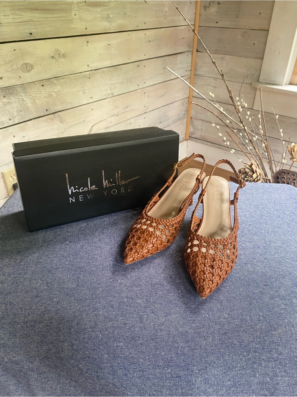 Nicole Miller Brown Woven Slingback Pointed-Toe Heels